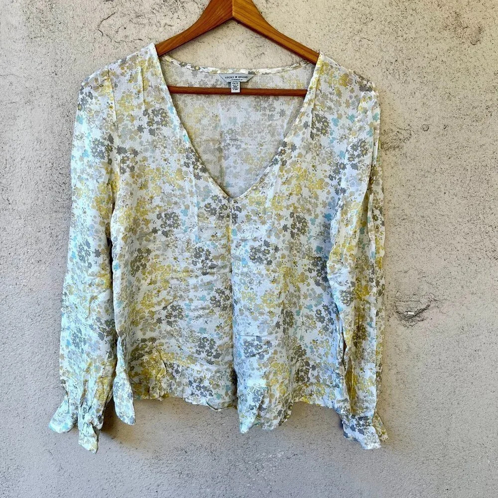 Lucky Brand Floral Long Sleeve Ruffle Top White Yellow Blue Gray Size XS